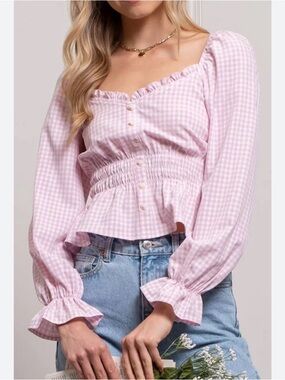mine Pink Gingham Smocked Peplum Blouse
